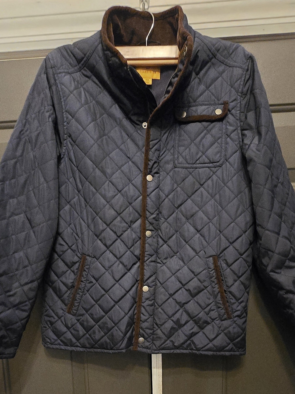 Class Club Quilted Barn Jacket in a navy blue color with brown corduroy trim